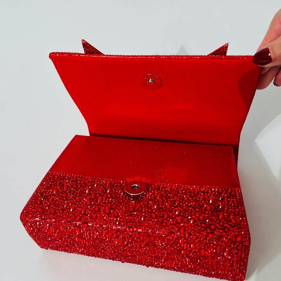 Red Rhinestone Studded Top Handle Large Bow Evening Bag - Picture 8 of 15